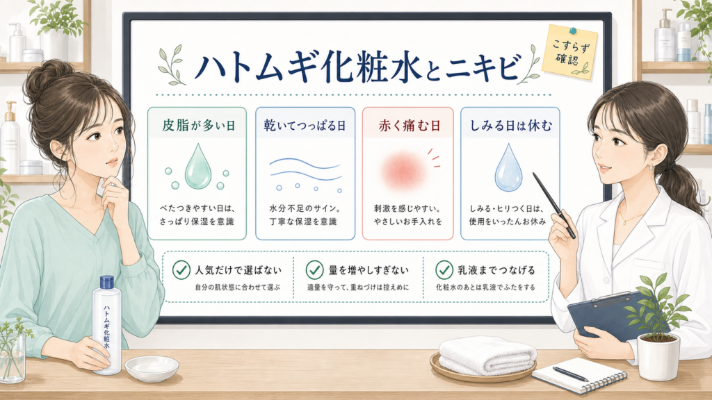 ハトムギ化粧水とニキビ肌の皮脂・乾燥・赤みを1207基準の相談ボードで整理するアイキャッチ