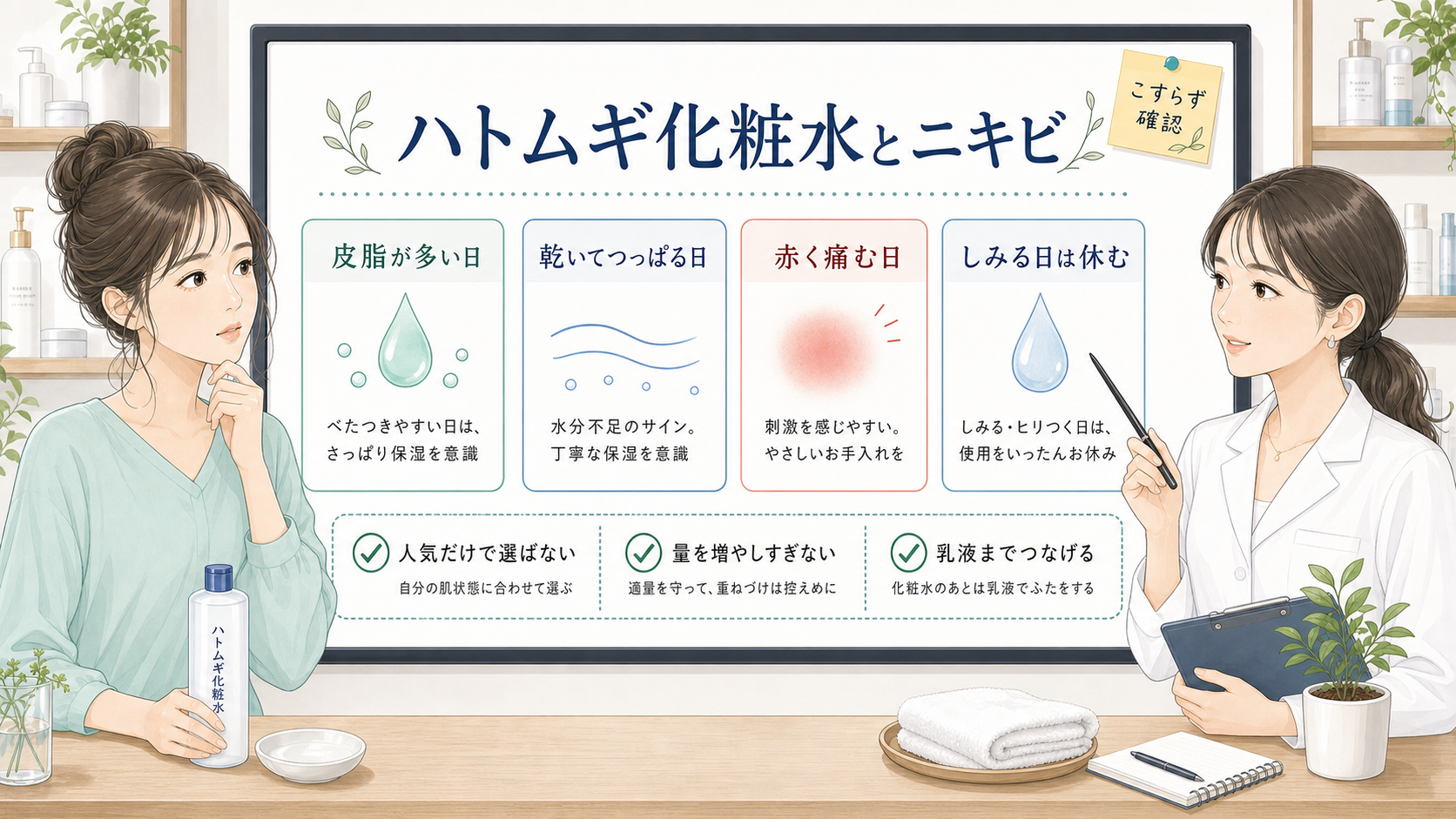 ハトムギ化粧水とニキビ肌の皮脂・乾燥・赤みを1207基準の相談ボードで整理するアイキャッチ