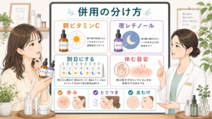 レチノールとビタミンC併用の分け方と休む目安を整理する文字入りボード型イラストアイキャッチ