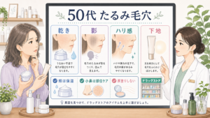 50代のたるみ毛穴について乾き・影・ハリ感・下地を分ける文字入りボード型イラストアイキャッチ