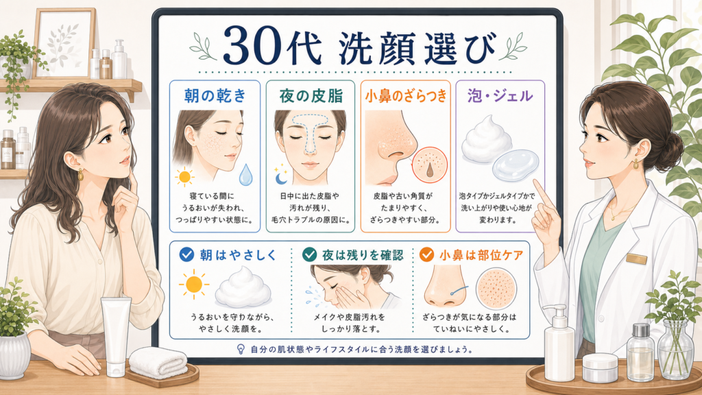 30代の洗顔選びについて朝の乾き・夜の皮脂・小鼻のざらつきを分ける文字入りボード型イラストアイキャッチ
