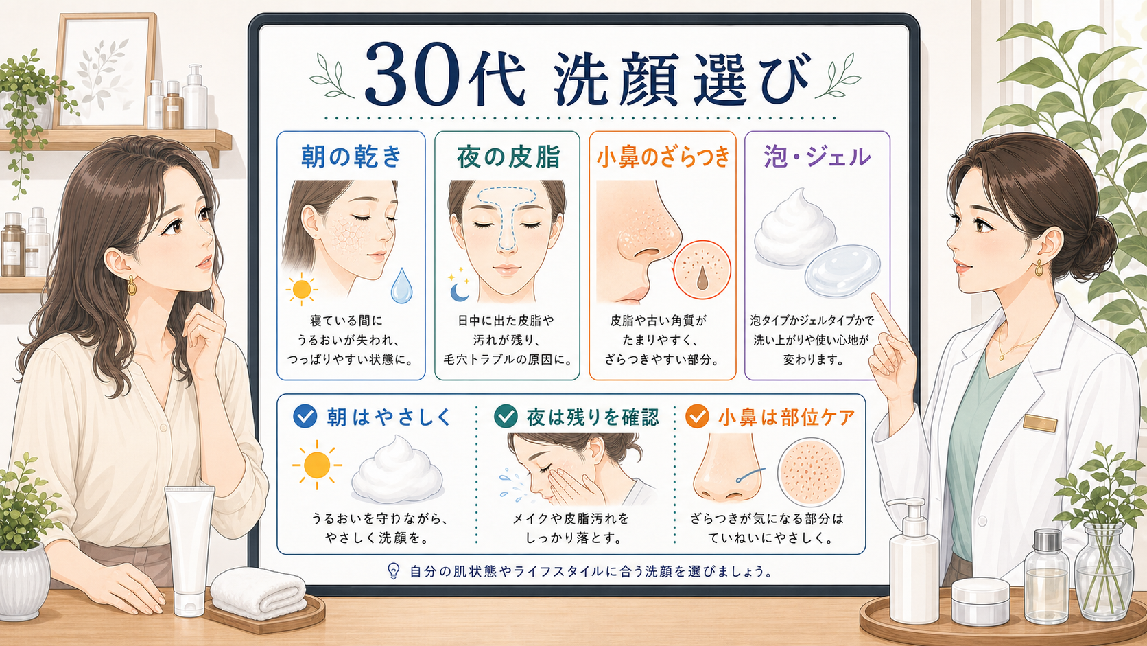 30代の洗顔選びについて朝の乾き・夜の皮脂・小鼻のざらつきを分ける文字入りボード型イラストアイキャッチ