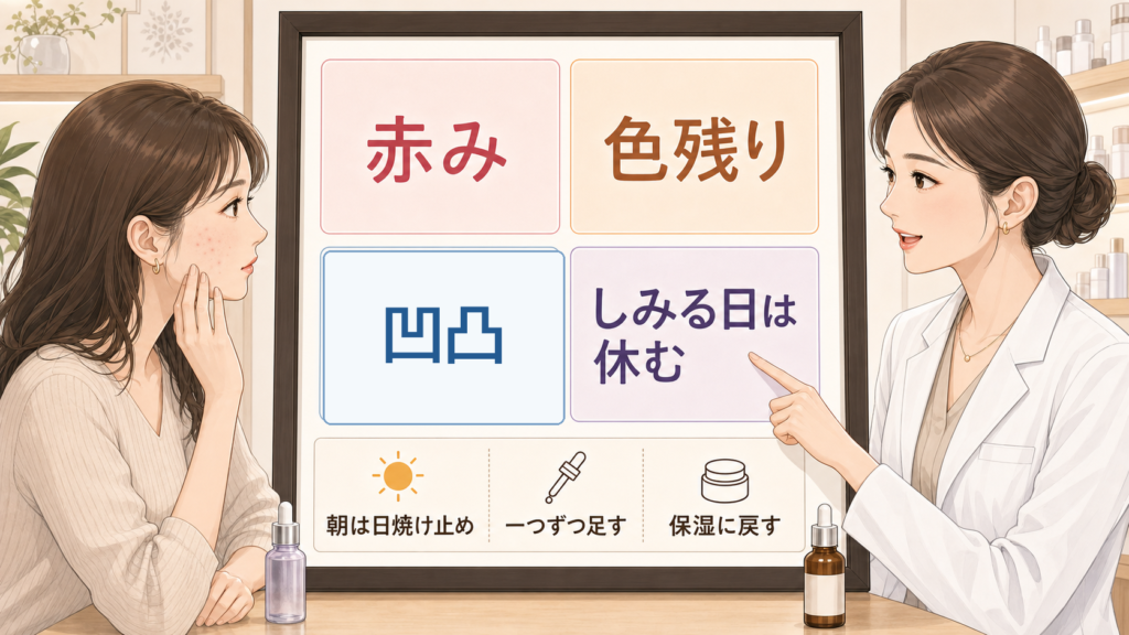 ニキビ跡美容液を赤み・色残り・凹凸で選ぶ相談図