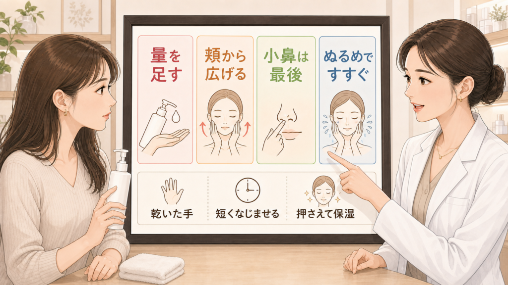 クレンジングミルクの量とすすぎ方を相談する図