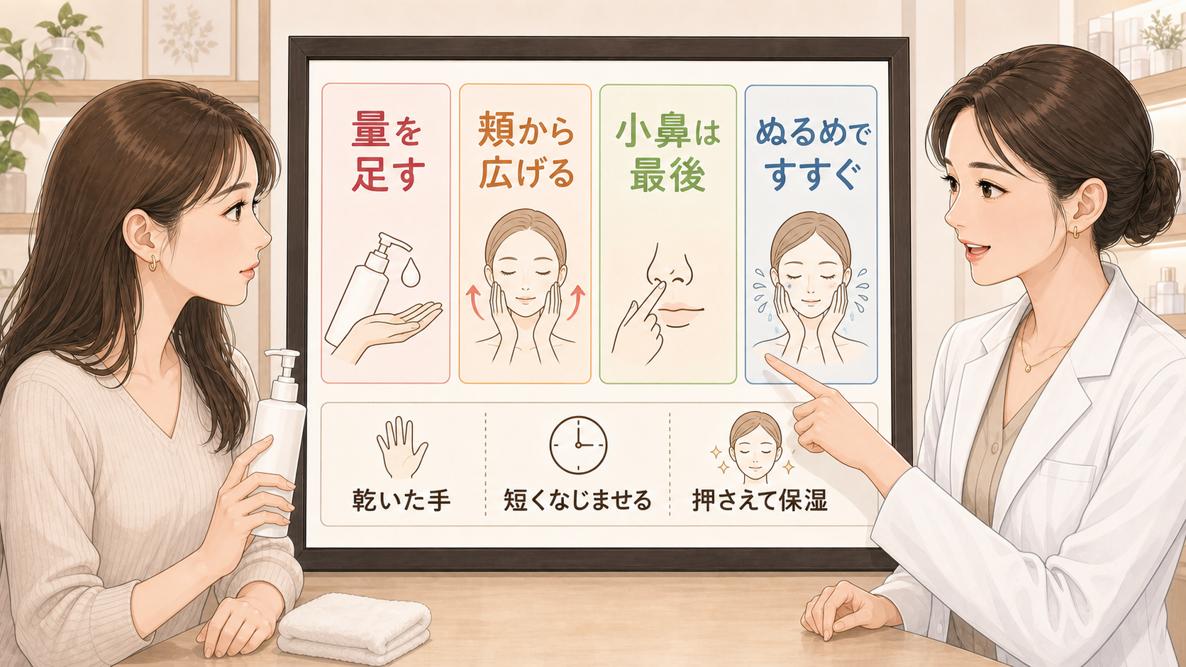 クレンジングミルクの量とすすぎ方を相談する図