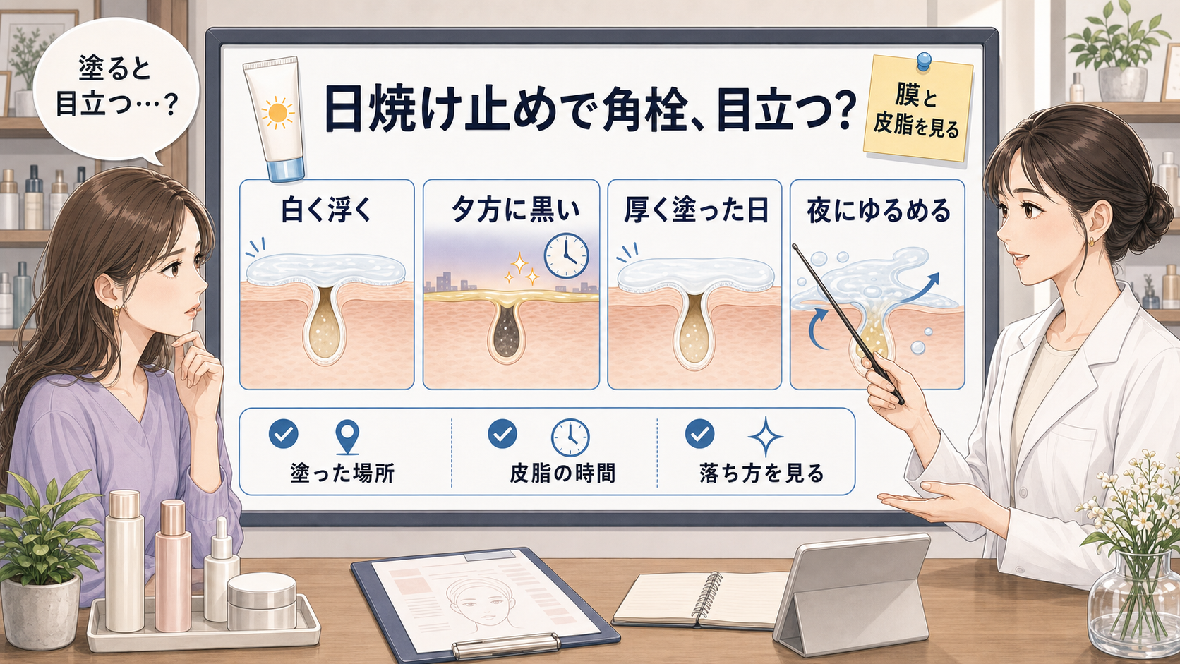 酸化亜鉛入りの日焼け止めや下地の膜感と毛穴詰まりを相談するボード型アイキャッチ