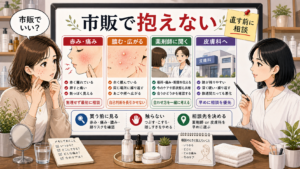 ニキビを市販で抱え込む前に相談サインを示すボード型アイキャッチ