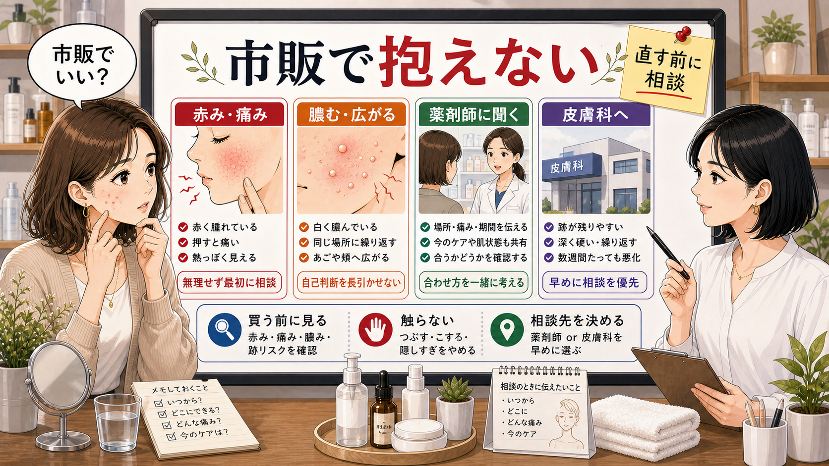 ニキビを市販で抱え込む前に相談サインを示すボード型アイキャッチ