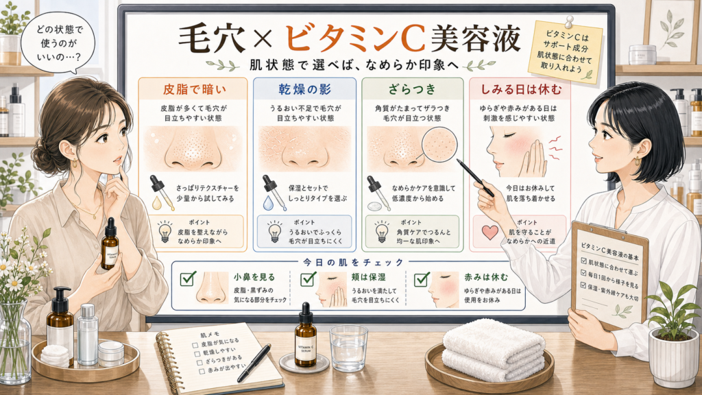 毛穴とビタミンC美容液の選び方を肌状態別に整理した相談ボードのアイキャッチ