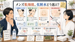 メンズ乾燥肌の化粧水選びを洗顔後のつっぱり、髭剃り後、小鼻のテカリ、頬の保湿で整理する図