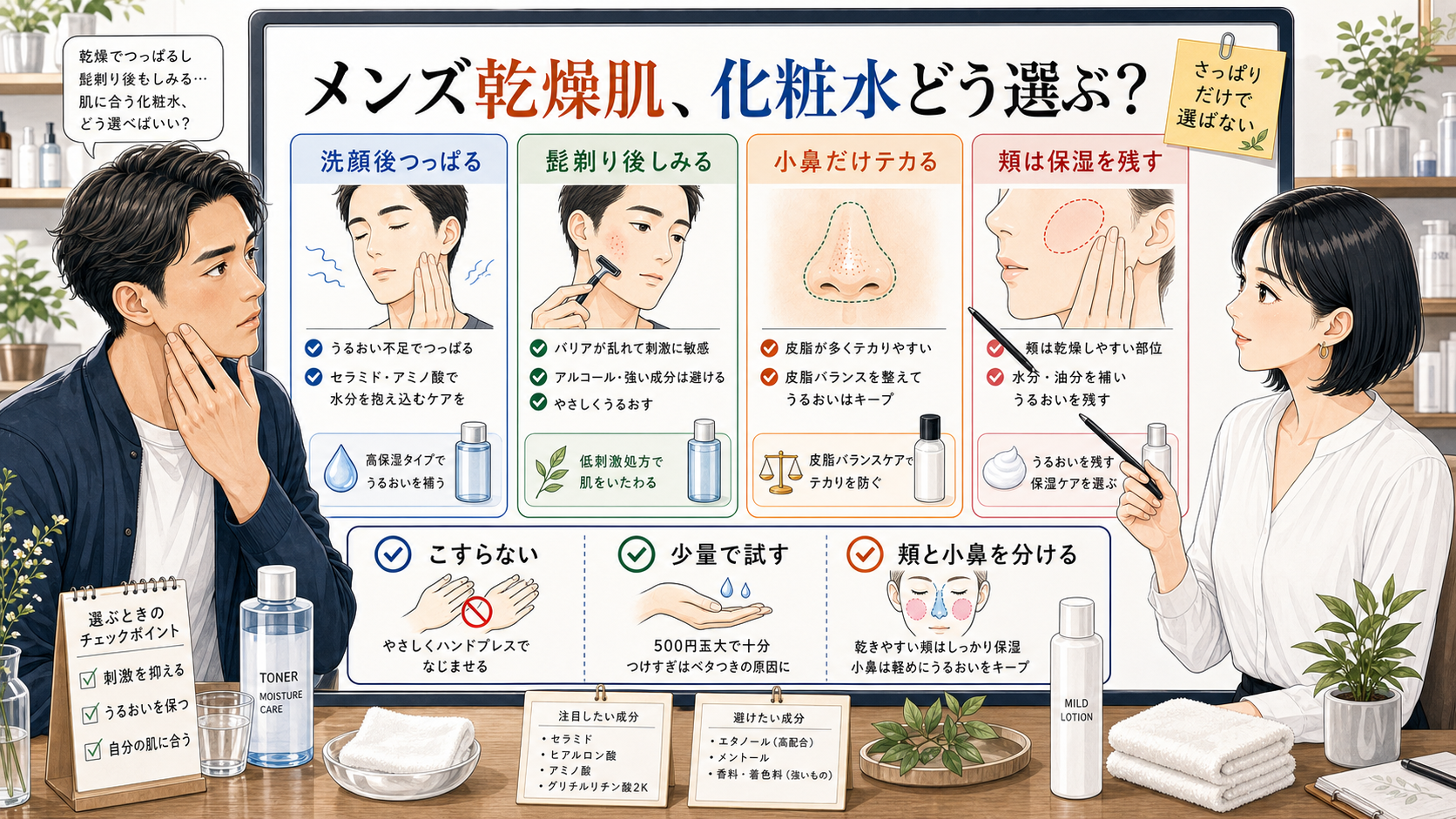 メンズ乾燥肌の化粧水選びを洗顔後のつっぱり、髭剃り後、小鼻のテカリ、頬の保湿で整理する図