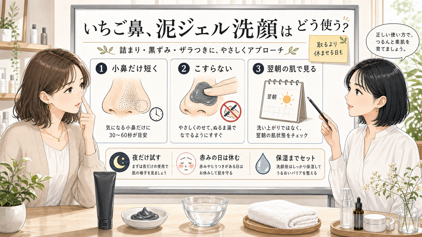 いちご鼻に泥ジェル洗顔を使うときの小鼻・こすらない・翌朝確認の判断ボード