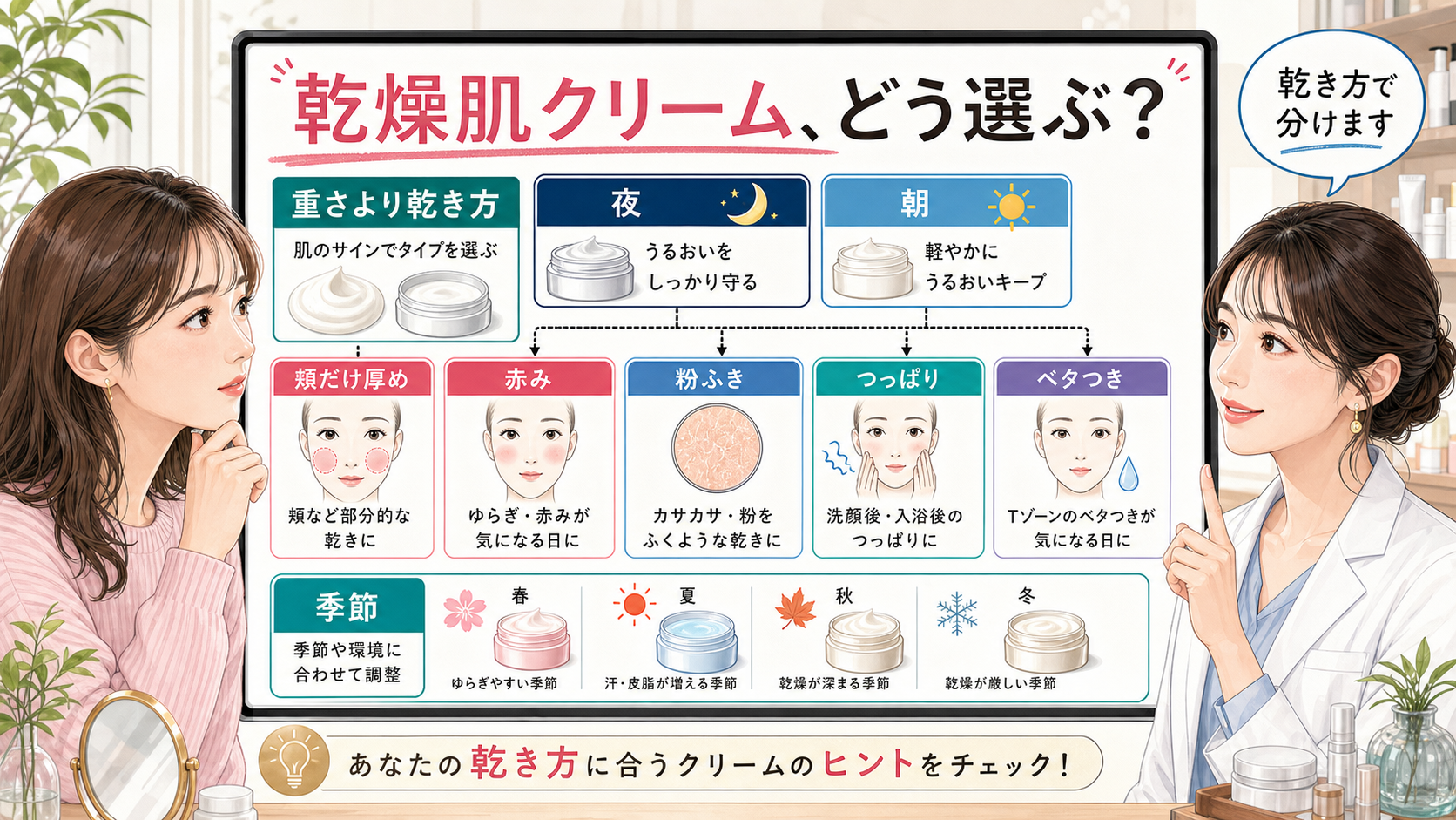 乾燥肌に合うクリームを夜の乾き・粉ふき・朝の重さで選ぶ判断ボード
