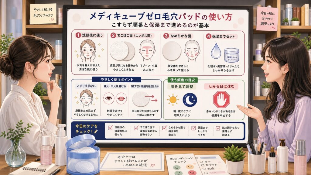 毛穴パッドの使い方を相談ボードで整理する女性向けスキンケアのアイキャッチ