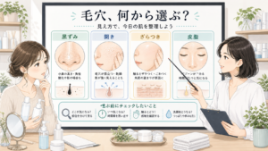 毛穴おすすめスキンケアを黒ずみ・開き・ざらつき・皮脂の見え方で整理するイラスト