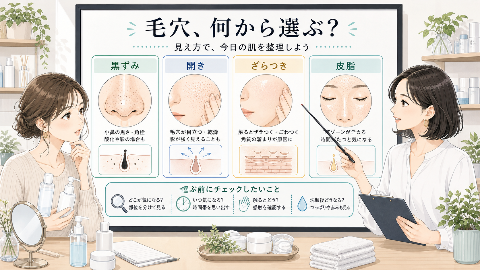 毛穴おすすめスキンケアを黒ずみ・開き・ざらつき・皮脂の見え方で整理するイラスト