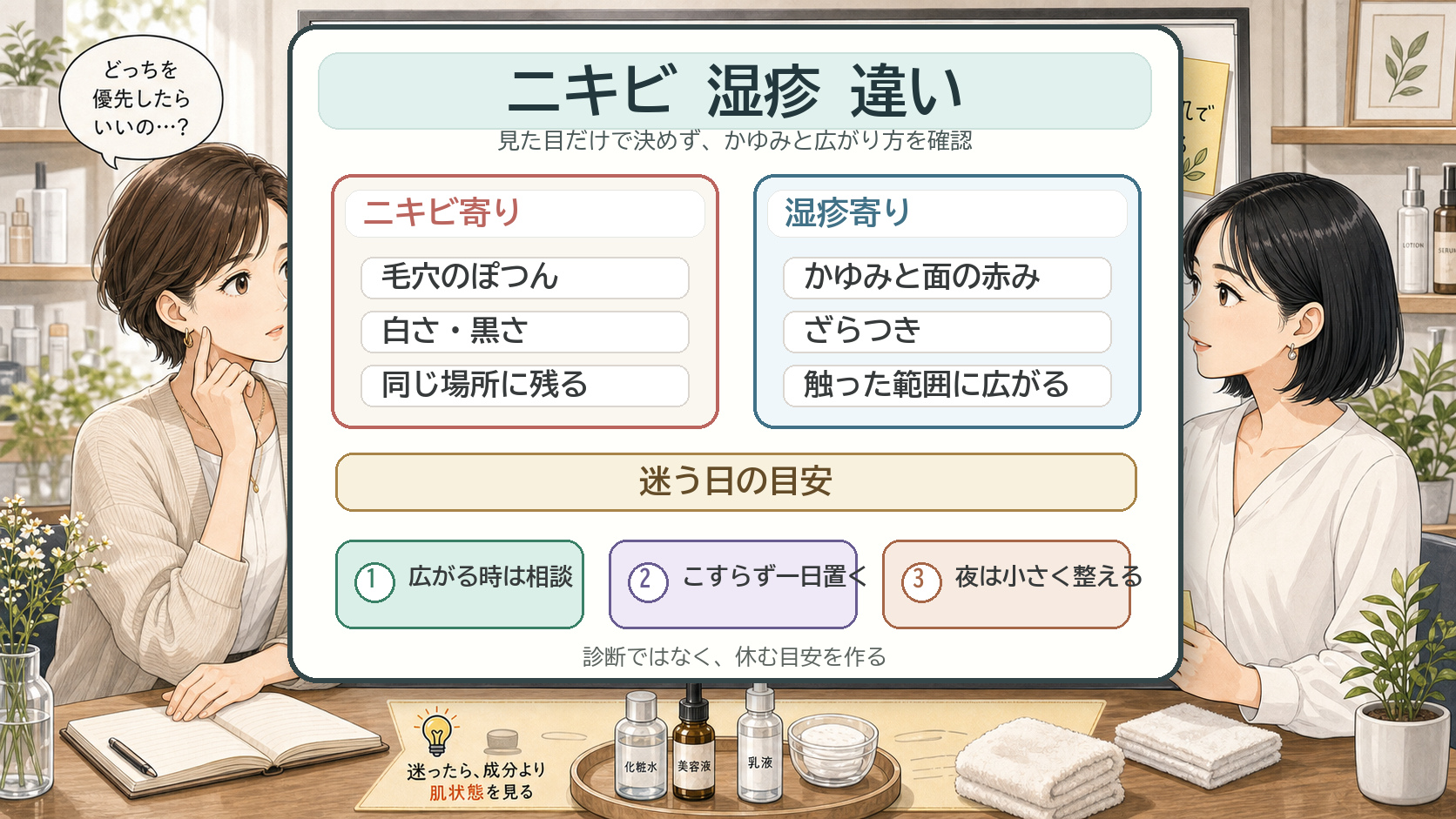 ニキビと湿疹の違いを毛穴とかゆみで整理する相談ボードのアイキャッチ