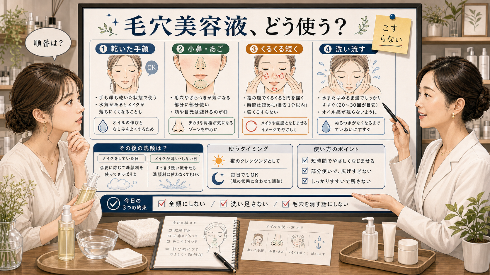 コスメデコルテ毛穴美容液オイルの使い方を小鼻と洗い流し順で考える相談ボード