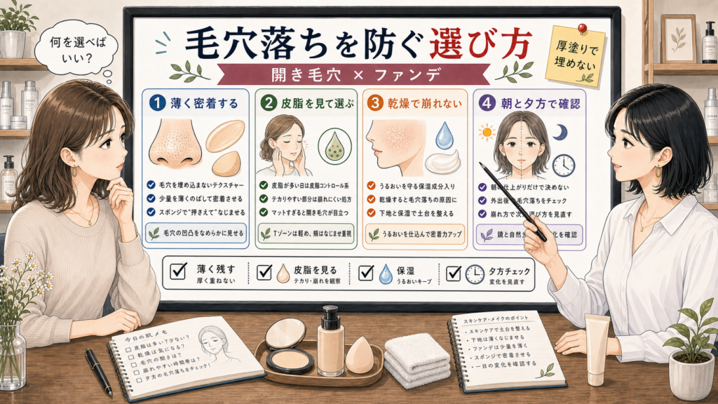 開き毛穴に合うファンデーションと毛穴落ちを防ぐ選び方を整理するアイキャッチ