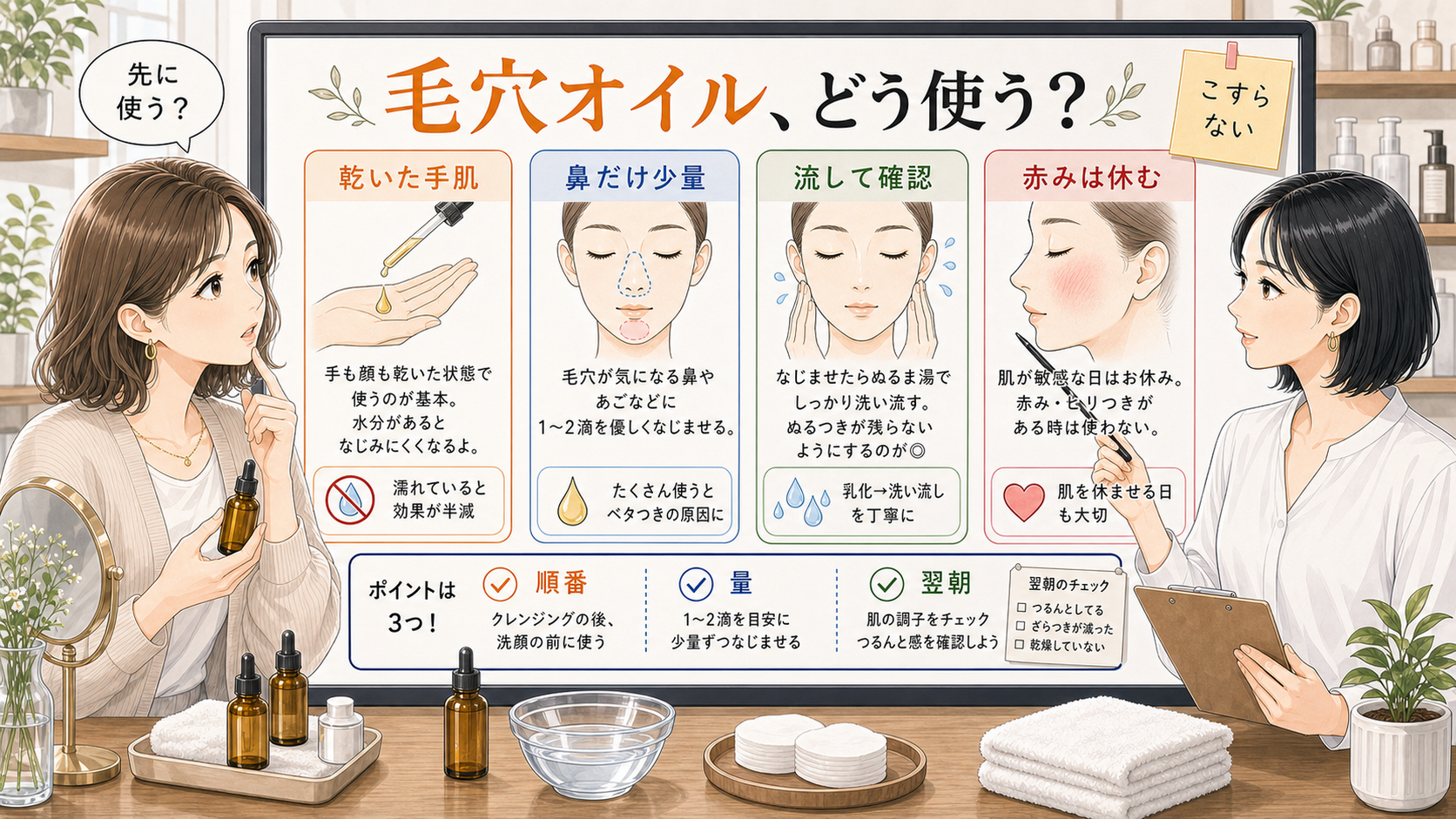毛穴美容液オイルの順番と量と翌朝確認を整理した相談ボード