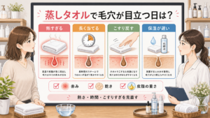 蒸しタオルで毛穴が目立つ日の熱さ時間こすりすぎ保湿の判断ボード