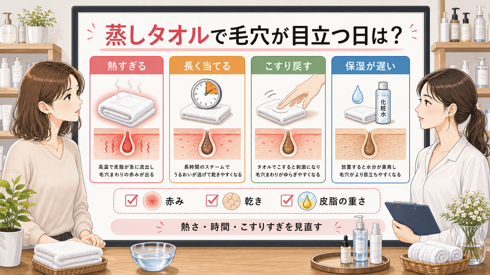 蒸しタオルで毛穴が目立つ日の熱さ時間こすりすぎ保湿の判断ボード