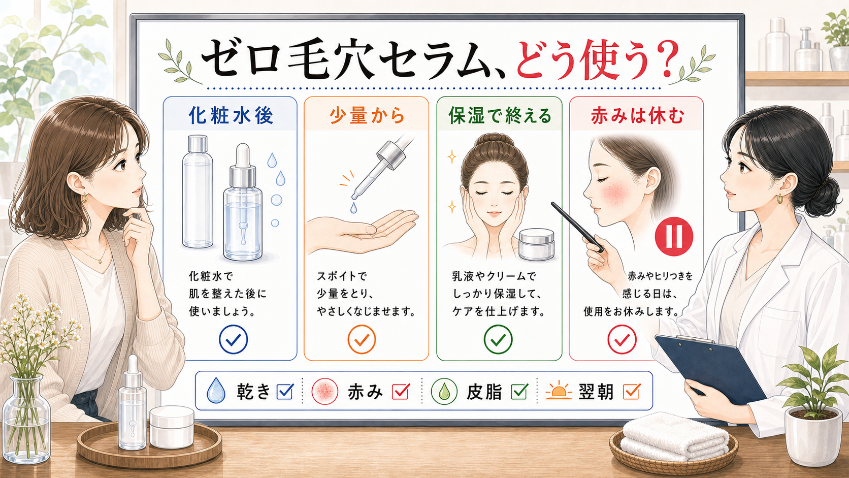 ゼロ毛穴セラムの使い方を化粧水後、少量、保湿、赤みは休むで整理した相談ボード