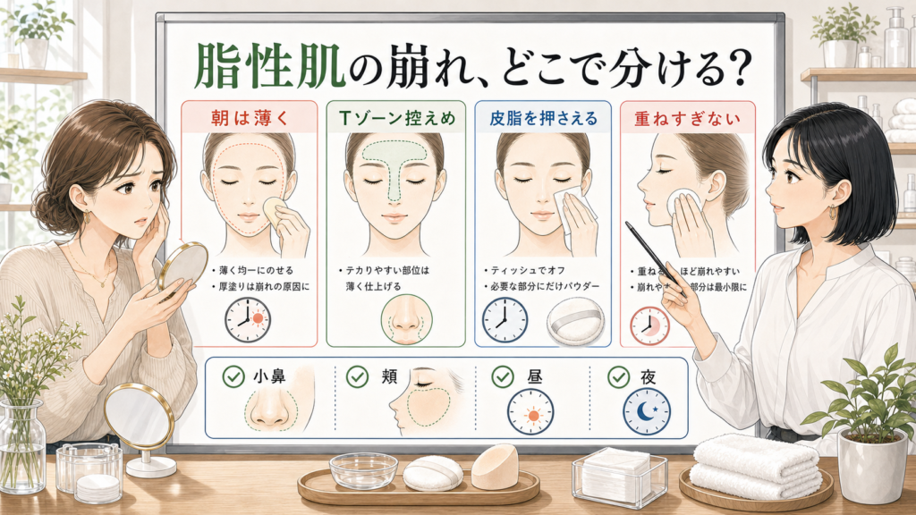 脂性肌でファンデーションが崩れる日の朝の量と昼の直し方を示す相談ボード