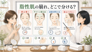 脂性肌でファンデーションが崩れる日の朝の量と昼の直し方を示す相談ボード