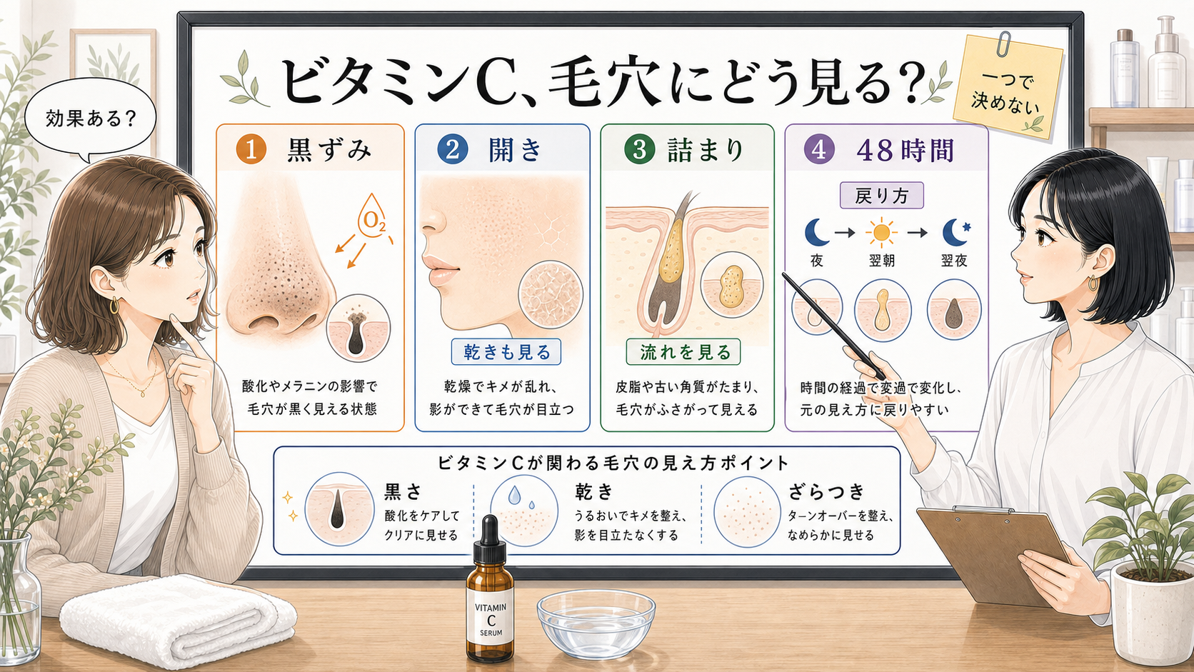 ビタミンc毛穴効果を黒ずみ・開き・詰まり・48時間の戻り方で整理した美容メディア風アイキャッチ