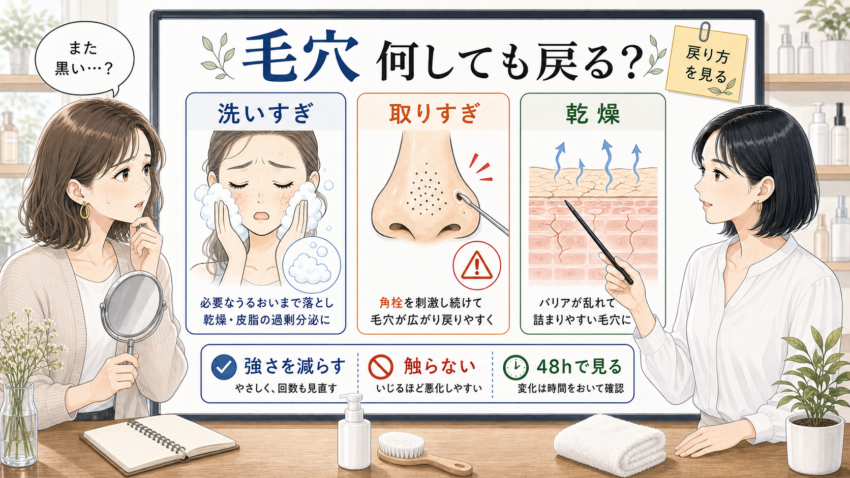 毛穴が何をやっても戻る理由を洗いすぎ・取りすぎ・乾燥に分けて整理した相談室風の比較ボード