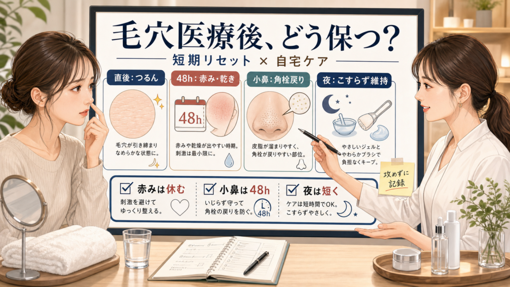 毛穴医療後の戻り方と自宅ケア維持を相談ボードで示すアイキャッチ