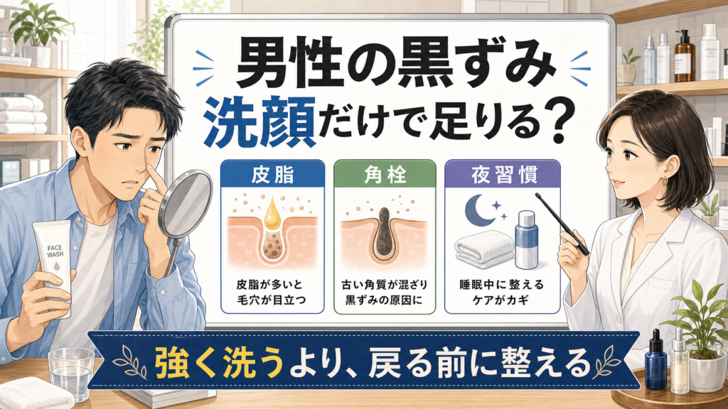 男性の毛穴黒ずみは洗顔だけで足りる？皮脂・角栓・夜習慣で見分ける図解