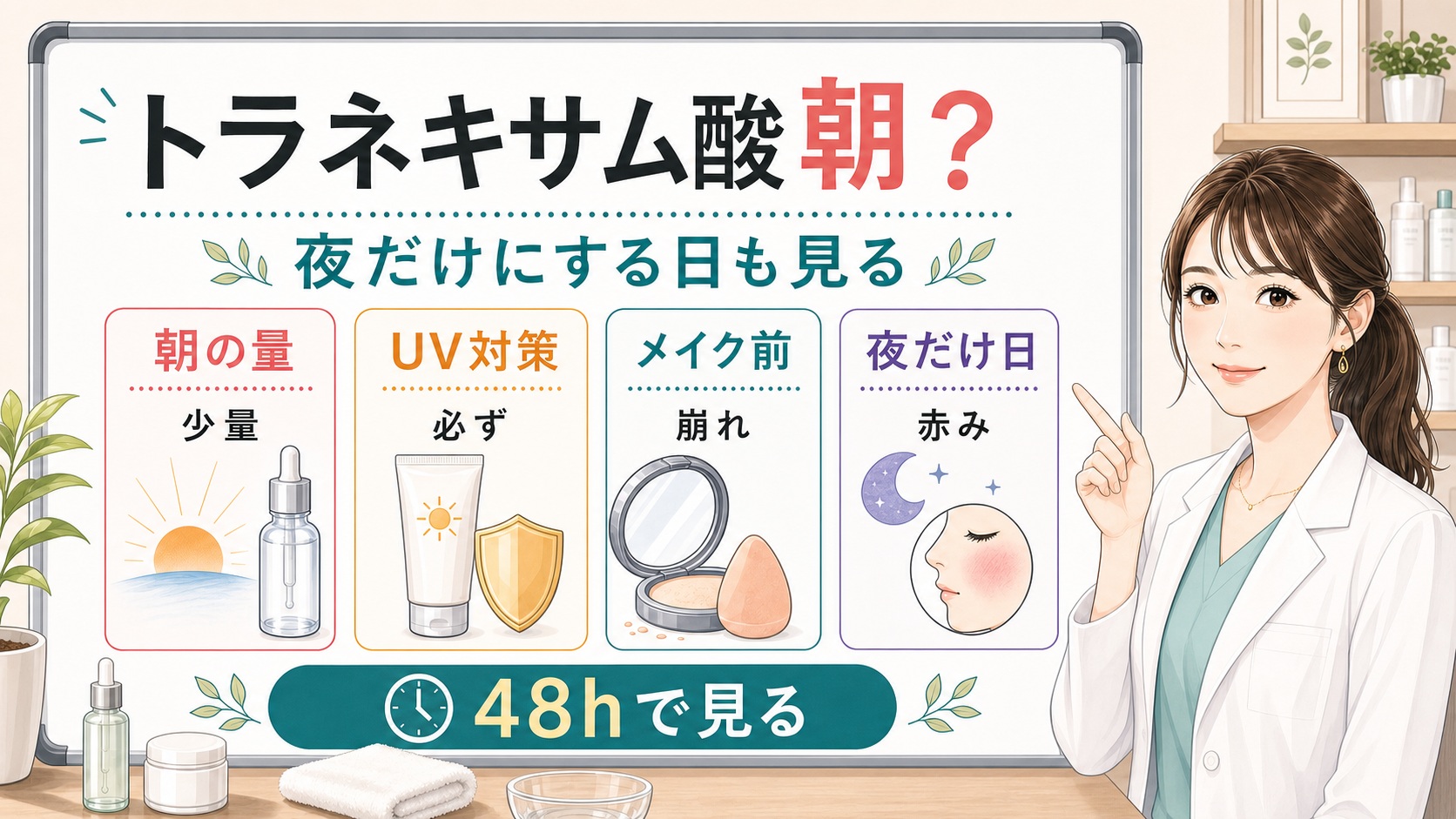 トラネキサム酸を朝に使うか夜だけにするかを389基準の女性アドバイザーが整理するアイキャッチ