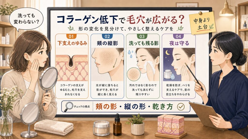コラーゲン低下による毛穴の広がりと頬の影を見分ける相談ボード型アイキャッチ