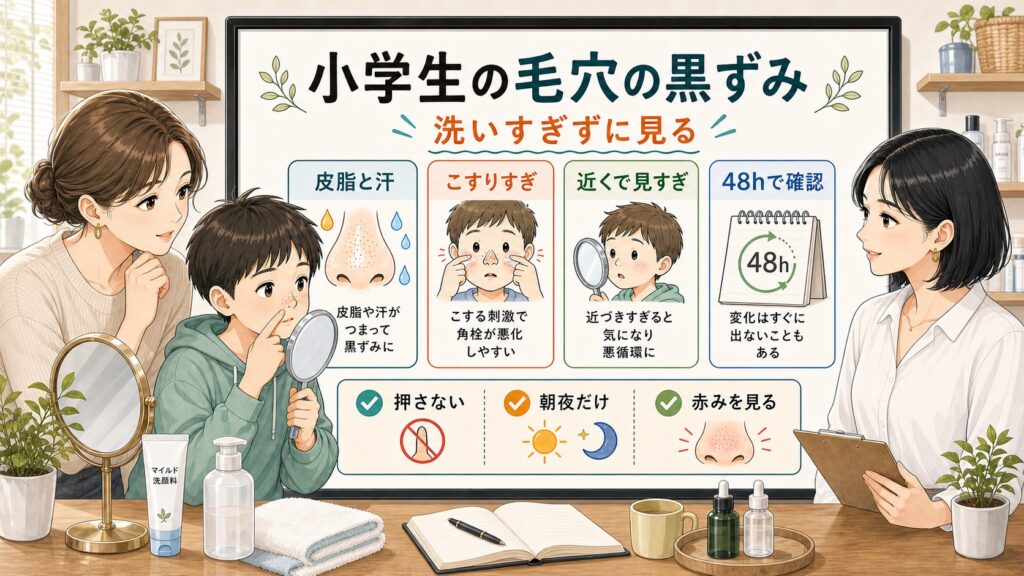 小学生の毛穴の黒ずみを保護者と一緒に洗いすぎず見守る鼻ケアのアイキャッチ