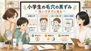 小学生の毛穴の黒ずみを保護者と一緒に洗いすぎず見守る鼻ケアのアイキャッチ