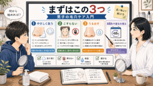 男子でもできる初心者向け毛穴ケアの3ステップを整理するアイキャッチ