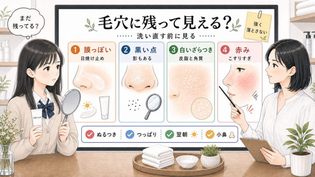 クレンジング後に毛穴へ残って見えるサインを説明する美容相談ボード