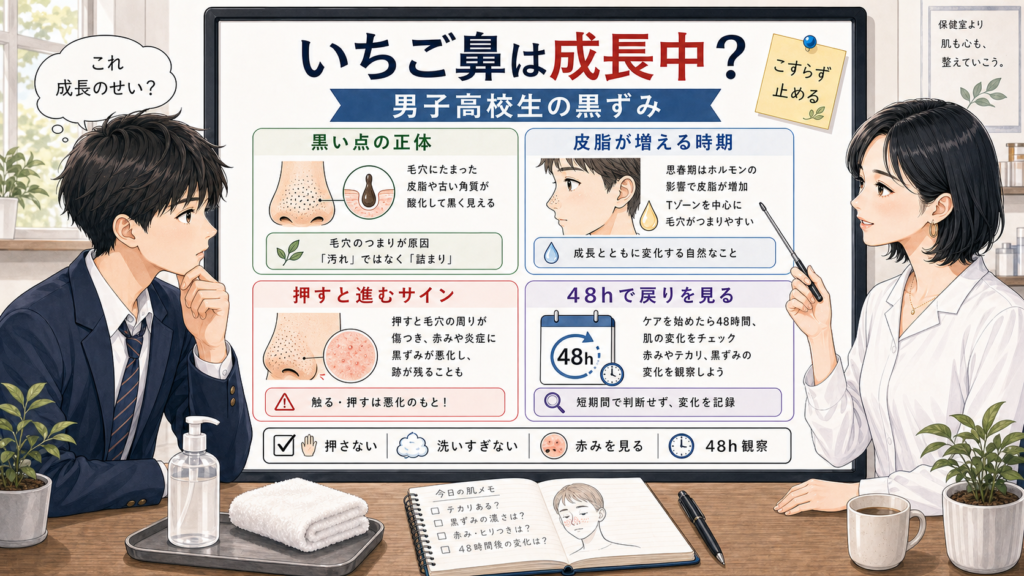男子高校生のいちご鼻と黒ずみの正体を成長期の皮脂と48時間観察で整理するアイキャッチ