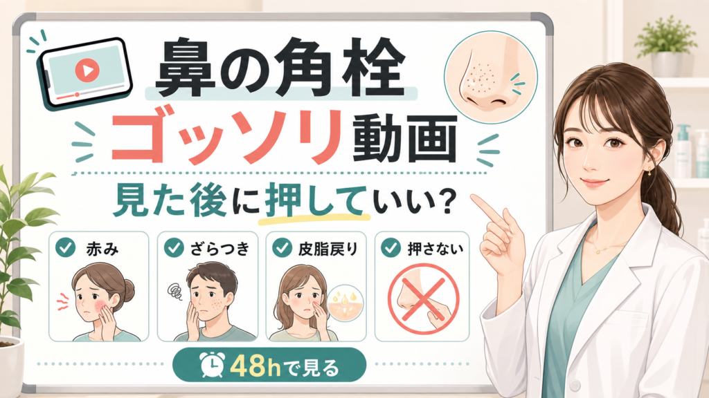 鼻の角栓がゴッソリ取れる動画を見た後に押していいかを大きなボードで右側の女性アドバイザーが解説するアイキャッチ