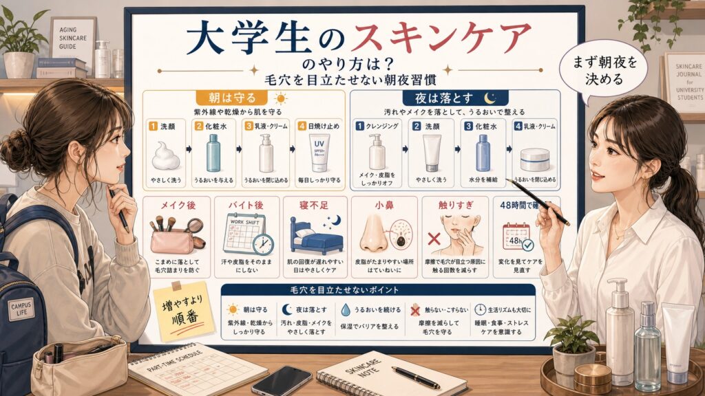 大学生のスキンケアについて朝夜の順番やメイク後とバイト後の毛穴ケアを整理する相談ボード