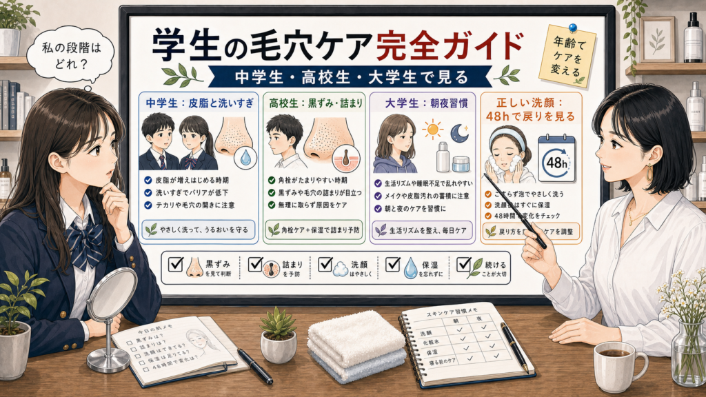 学生の毛穴ケアを中学生高校生大学生別に黒ずみ詰まり予防と洗顔で整理するアイキャッチ