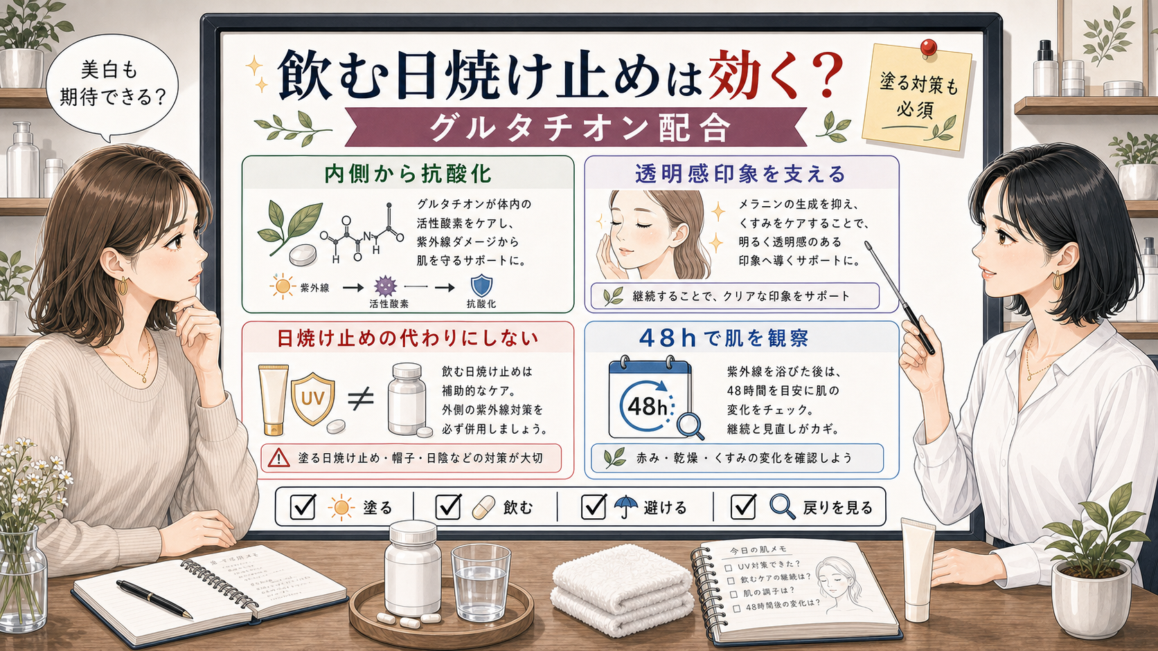 グルタチオン配合の飲む日焼け止めと美白・抗酸化サポートを整理するアイキャッチ