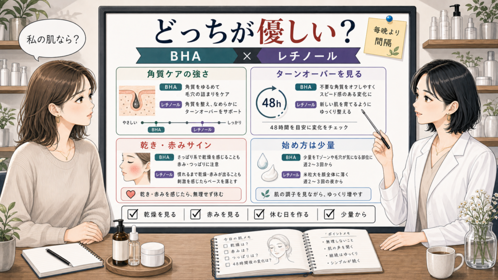 BHAとレチノールをターンオーバーと乾燥赤みサインで比較するアイキャッチ