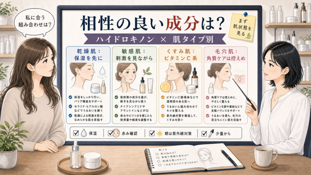ハイドロキノンと相性が良い成分を肌タイプ別に整理するアイキャッチ