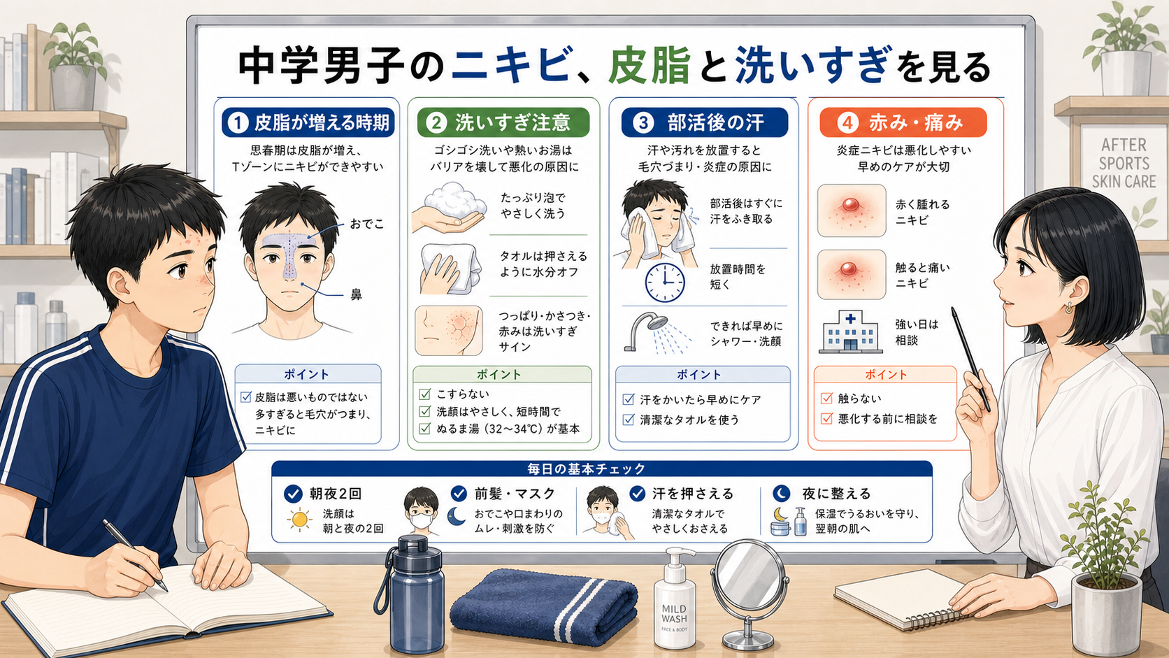 中学男子のニキビを皮脂と洗いすぎで整理する比較ボード