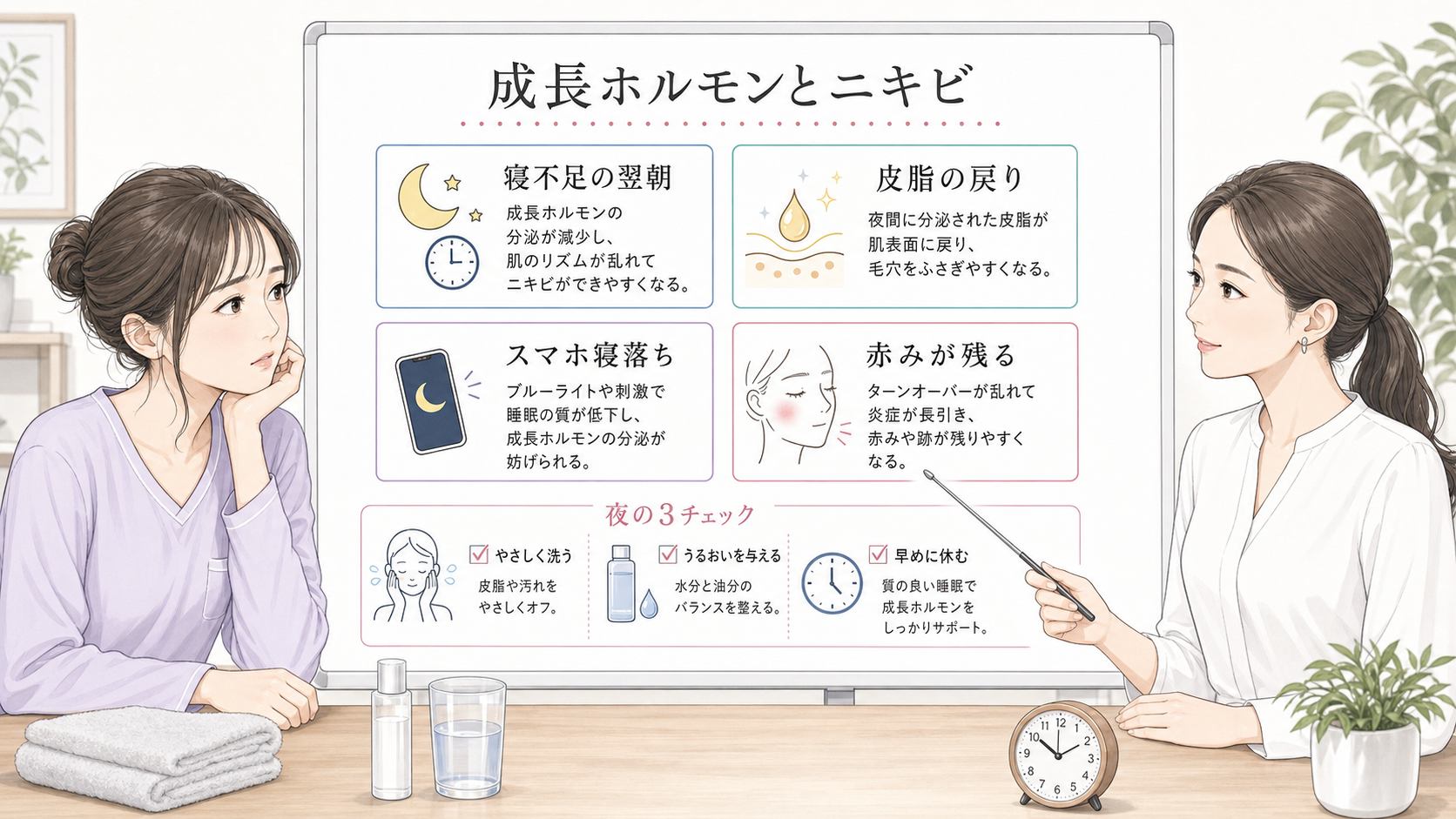 成長ホルモンとニキビを夜の皮脂戻りで整理する比較ボード