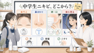 中学生ニキビの場所と皮脂や汗の見方を比較する美容メディアの白ボード図解