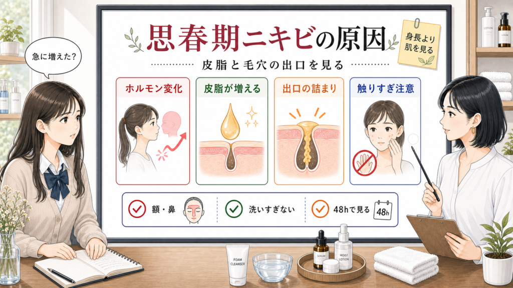 思春期ニキビの原因を皮脂と毛穴の出口で見る相談ボード